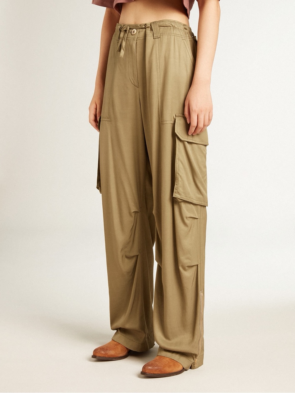 Golden Goose Olive Green Wide Leg Drawstring Cargo Trouser Pants - Picture 6 of 7